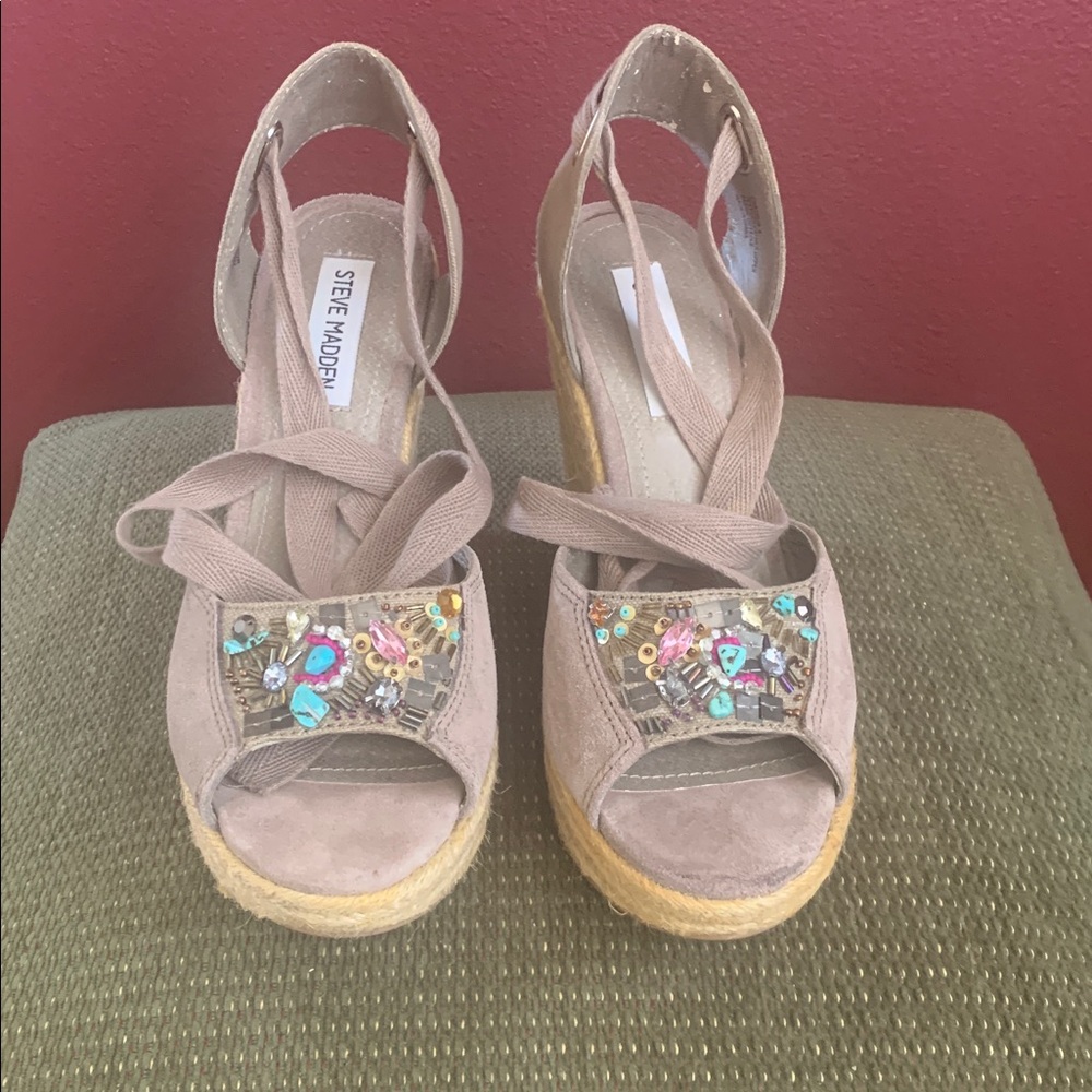 Steve Madden Chryslis Jewel Embellished Gray Espadrilles Wedge Sandals